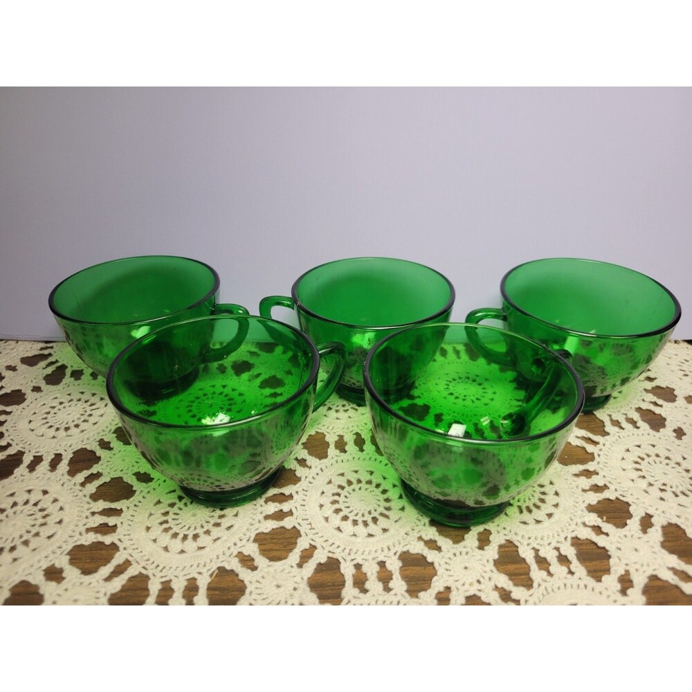 Set of 5 Vintage Emerald Green Glass Tea Coffee Punch Cups, Anchor Hocking